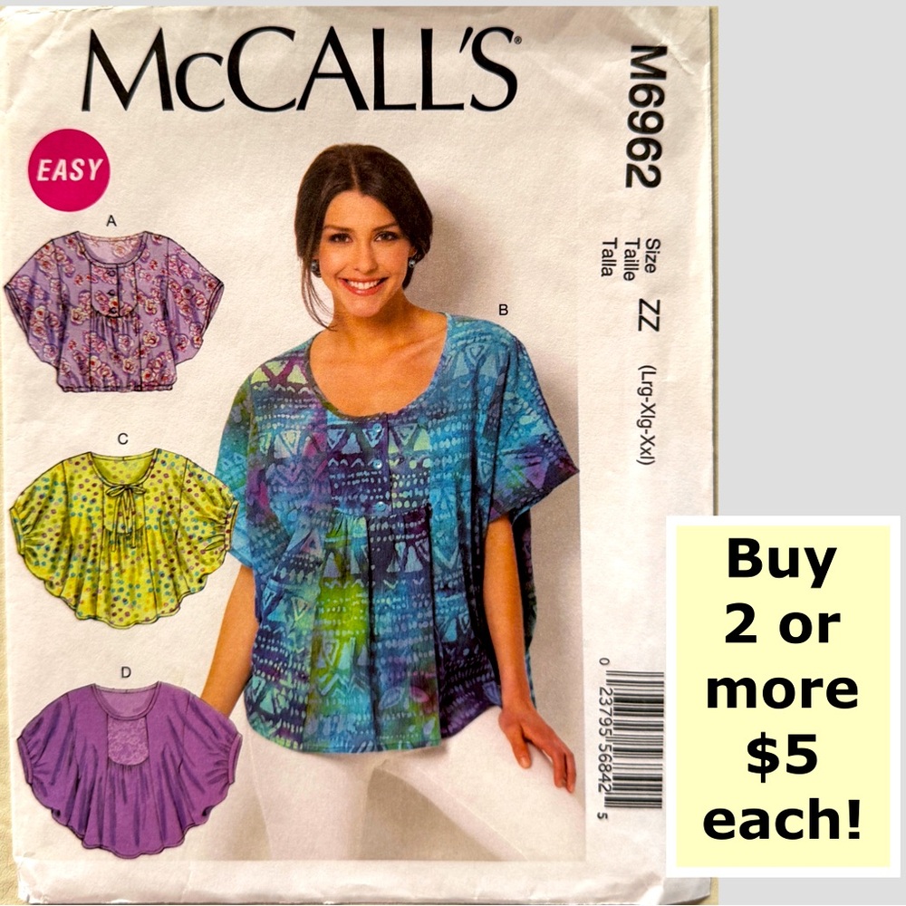 McCall’s M6962 Loose-Fitting Tops Uncut Sewing Pattern (Lrg-Xlg-Xxl)